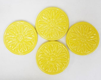 Round Crafting Tiles: 3" Floral Medallion Mosaic Art Tiles, Handmade Ceramic  Butter Yellow Glazed Tiles -set of 4