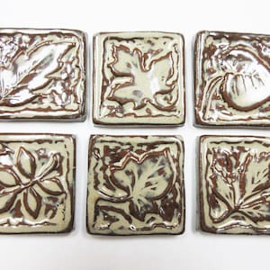 Leaf Mosaic Tiles, 2" Handmade Ceramic Art Tiles, Set of 6 Leaf Patterned Stoneware,  Rustic Brown Glazed Craft Tiles