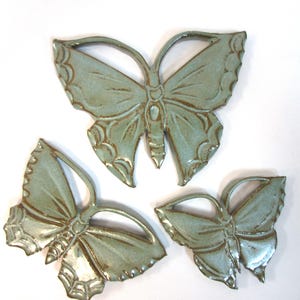 Butterfly Ceramic Tiles, Set of 3 Handmade Mosaic Tiles, Rustic Turquoise Blue Glazed Wall Art.  Craft Tiles