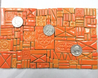170+ Mosaic Tiles:  Handmade Ceramic Detailing Tiles;  Assorted  Small Shapes, Textures, Sizes. Sunset Orange Tones Glazed Tiles,