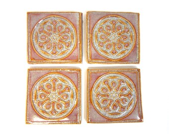 Focal Craft Tiles, 2" Rose Orange Glazed Mosaic Center Tiles, set of 4, Geometric Ceramic Corner Tiles, Handmade Stoneware Art Tiles. #T53