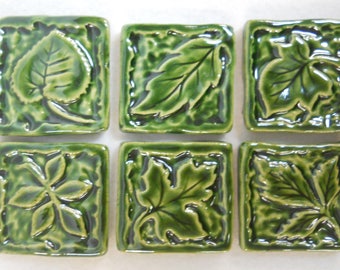 Leaf Mosaic Tiles Handmade Ceramic Craft Tiles: Holly Green Glazed Set of 6 Mosaic Tile Pieces