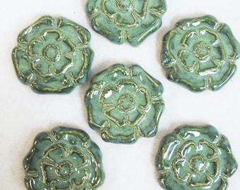 Rosette Mosaic Tiles, Handmade Ceramic Tiles Set of 6,  2" Stoneware Craft Tiles,  Mint Green Mosaic Art Pieces