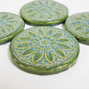 Floral Medallion Mosaic Tiles: 3in. Round Ceramic Tiles, Handmade Ceramic Textured Craft Tiles, Blue Green Glazed Mosaic Tiles set of 4 image 4