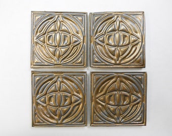 Focal Mosaic Tiles 2-inch Old Gold Mosaic Center Tiles: set of 4 Geometric Patterned Ceramic Tiles. Handmade Ceramic Corner Craft Tiles. #T7
