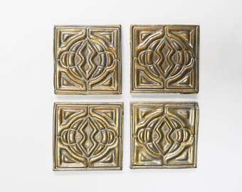 Focal Mosaic Tiles  Handmade Ceramic Corner Tiles:  Geometric Pattern Craft Tiles.  Old Gold Glazed Center Tiles for Mosaics. Set of 4. T5a