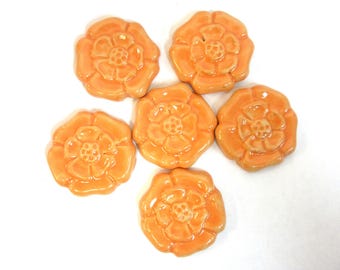 Ceramic Rosette 2" Tiles, Stoneware Craft Tiles, set of 6 Bright Orange Glazed Mosaic Tile Pieces,