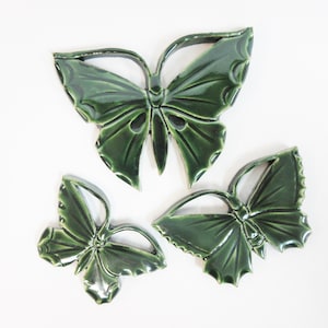 Butterfly Mosaic Tiles: Handmade Ceramic Deep Green Glazed Butterflies Set of 3 Mosaic Craft Tiles or Wall Plaques