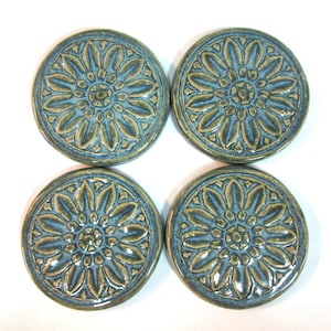 Floral Medallion 3" Tiles, Set of 4  Round Ceramic Tiles, Handmade Textured Mosaic Tiles,  Blue - Green Glazed Stoneware Craft Supplies