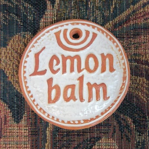 Lemon Balm Herb Garden Marker, Tile Plant Sign,  Handmade Ceramic Tile Raised Letter Plant ID , Stoneware Herb Markers, Outdoor Decor