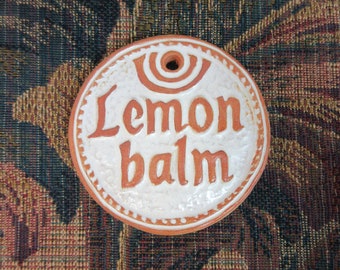 Lemon Balm Herb Garden Marker, Tile Plant Sign,  Handmade Ceramic Tile Raised Letter Plant ID , Stoneware Herb Markers, Outdoor Decor