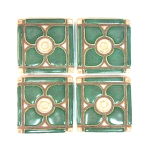 Grouted Ceramic Mosaic Tiles, Set of 4 Dogwood Pattern Craft Tiles, 2" Mint Green Glazed Ceramic Art Project Pieces