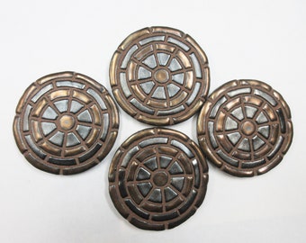 Mosaic Tile Coasters, Set of 4 Handmade Ceramic Tile Coasters, Stoneware Art Geometric Pattern,  Metallic Old Gold and Pewter Glazed Tiles
