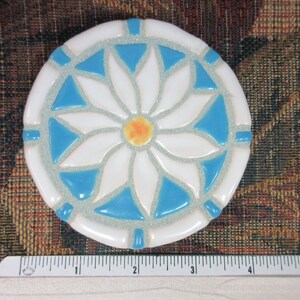 Mosaic Tile Coasters, SHASTA DAISY Handmade Ceramic Mosaic Coasters, Stoneware Mosaic White, Sky Blue Floral Art Set of 4 Felt Backed image 3