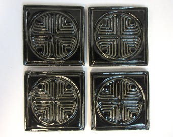 Focal Craft Tiles, 2" Black Mosaic Center Tiles, set of 4, Geometric Ceramic Corner Tiles, Handmade Stoneware Art Tiles. #T13
