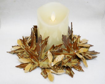 Maple Leaf Candle Ring: Handmade Ceramic Fall Table Decor. Brown Earth Tone Maple Leaf Centerpiece.  Autumn Candle Ring