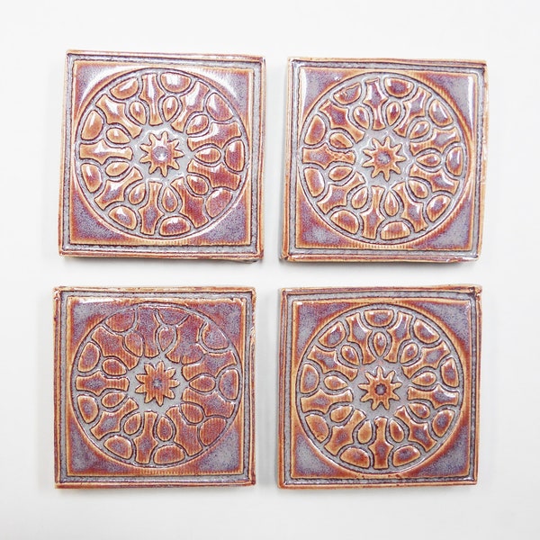 Focal Mosaic Tiles   2-inch  Orange Violet Glazed Mosaic CenterTiles: set of 4. Geometric Ceramic Corner Tiles. Handmade Craft Tiles. #T17