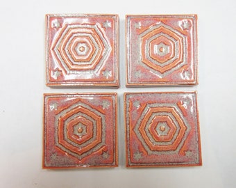 Ceramic Craft Tiles,  2" x 2" Rose Pink Orange Mosaic Center Tiles, set of 4, Geometric Ceramic Corner Tiles, Handmade Focal Tiles, #T2