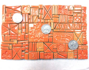 160+ Mosaic Tiles:  Handmade Ceramic Detailing Tiles;  Assorted  Small Shapes, Textures, Sizes. Sunset Orange Tones Glazed Tiles