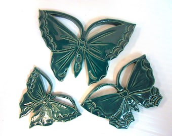 Butterfly Ceramic Tiles: Handmade Deep Teal Glazed Butterflies, Set of 3, Mosaic Craft Tiles or Wall Plaques