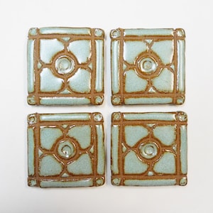 Grouted Mosaic Tiles, Handmade Ceramic &quot;Dogwood&quot; Craft Tiles, Grouted Mosaic Tiles, Rustic Turquoise Glazed Tiles for Mosaics / set of 4