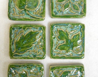 Leaf Mosaic Tiles Handmade Ceramic Craft Tiles: Deep Sea Green Glazed Tiles - Mosaic Tile Pieces - Art Craft Tiles - set of 6