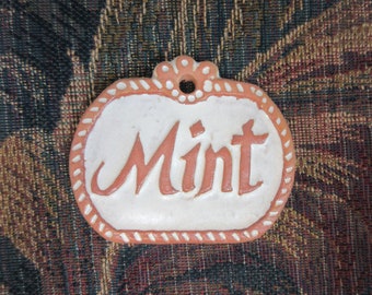 Mint Herb Plant Marker Ceramic Garden Sign:  Handmade Raised Letter Stoneware Tile Herb Garden Art. Outdoor Landscape Decor