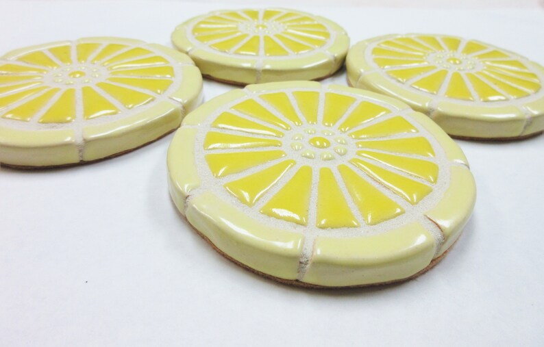 Mosaic Tile Wagon Wheel Coasters Set of 4: Handmade Ceramic Stoneware Art Yellow Ombre Shades Coasters, Trivets, Felt Backed image 2