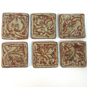 Leaf Mosaic Tiles, 2" Handmade Ceramic Craft Tiles Leaf Patterns: Set of 6 Stoneware Pieces, Autumn Brown Glazed Craft Supplies
