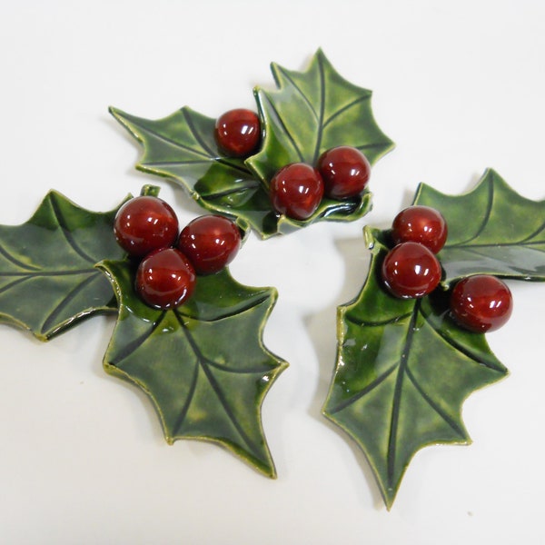 Ceramic Lifesize Holly Sprig with Burgundy Red Berries: Holiday Table Decor. Holly Christmas Decorations. Set of 3. Holly Table Ornaments