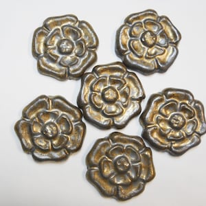 Rosette Tiles, Handmade Ceramic Craft Tiles, 2&quot; Stoneware Mosaic Tiles, Set of 6, Old Gold Metallic Glazed Clay Pieces.