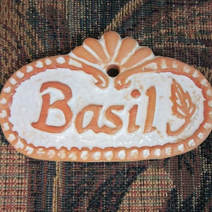 Basil Herb Garden Marker Tile Plant Sign: Handmade Ceramic Tile Raised Letter Stoneware Ceramic  Herb Markers