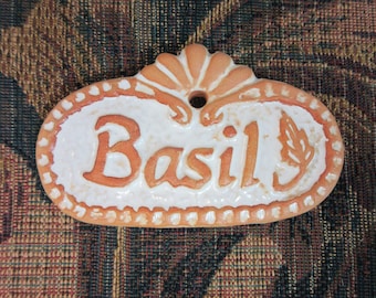 Basil Herb Garden Marker Tile Plant Sign: Handmade Ceramic Tile Raised Letter Stoneware Ceramic  Herb Markers