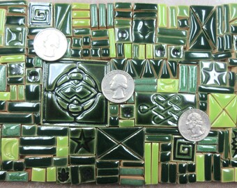 195+ Mosaic Tiles: Handmade Ceramic Small Craft Tiles.  Assorted  Shapes Textures Sizes, Green Shades Glazed Tiles for Mosaic Art