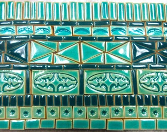 160+ Mosaic Tiles, Handmade Ceramic Art Tiles, Small Craft Tiles, Teal - Aqua Crackle Turquoise Tones Glazed Blue Tiles for Mosaics Asst #1