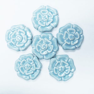 Rosette Mosaic Tiles:  2&quot; Handmade Ceramic Craft Tiles, Stoneware Mosaic Tiles. set of 6 Sky Blue Tiles,  Round Tile Pieces