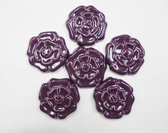 Rosette Ceramic Tiles, 2" Mosaic Tiles, Handmade  Deep Purple, Set of 6 Craft Tiles, Decorative Clay Embellishments