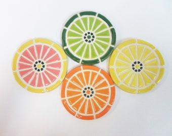 Mosaic Tile Coasters CITRUS SLICES Handmade Ceramic Tile Coasters: Stoneware Fruit Art Orange Lemon Grapefruit Lime Glazed, Set of 4