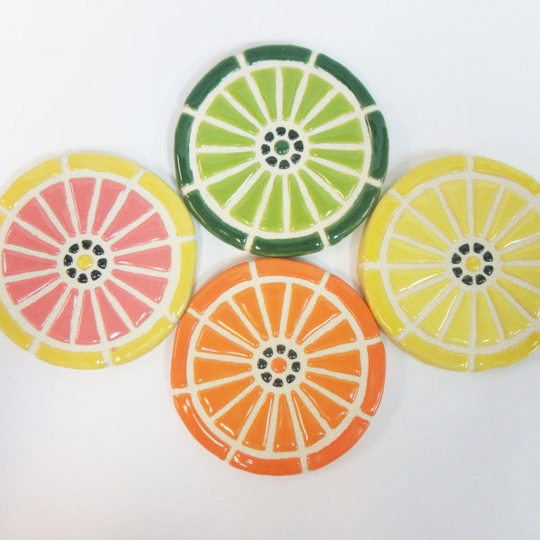 Mosaic Tile Coasters CITRUS SLICES Handmade Ceramic Tile Coasters: Stoneware Fruit Art Orange Lemon Grapefruit Lime Glazed, Set of 4