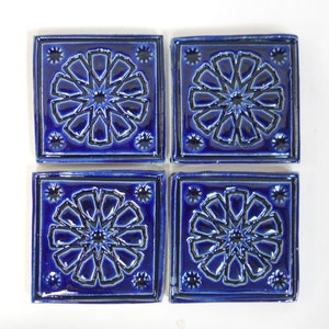 Focal Mosaic Tiles,  2" Cobalt Blue Mosaic Center Tiles: set of 4. Geometric Ceramic Corner Tiles. Handmade Ceramic Craft Tiles. #T4