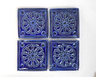 Focal Mosaic Tiles,  2" Cobalt Blue Mosaic Center Tiles: set of 4. Geometric Ceramic Corner Tiles. Handmade Ceramic Craft Tiles. #T4