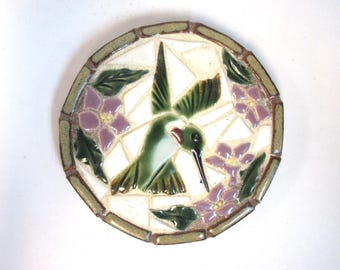 Hummingbird Mosaic Coaster, Handmade Ceramic Tile Trivet, 4" Stoneware Humming Bird and Blue Bachelor Button Coaster,
