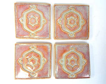 Focal Tiles, 2"  Rose Orange Mosaic Center Tiles set of 4, Geometric Ceramic Corner Tiles, Handmade Stoneware Craft Tiles #T56