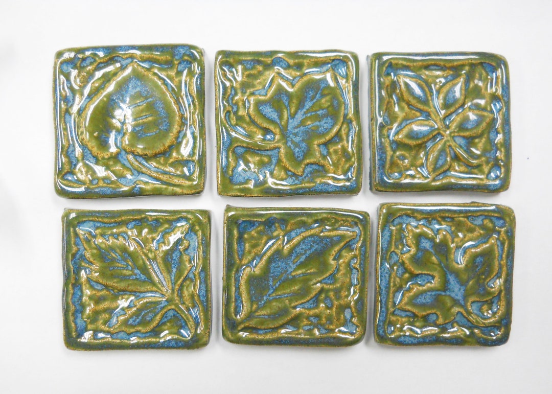 Leaf Mosaic Tiles Handmade Ceramic Craft Tiles Deep Sea Blue Glazed