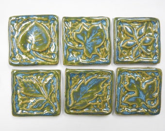 Leaf Mosaic Tiles Handmade Ceramic Craft Tiles: Deep Sea Blue Glazed Tiles - Mosaic Tile Pieces - Art Craft Tiles - set of 6