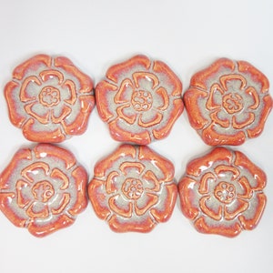 Rosette Crafting Tiles: Handmade Ceramic Mosaic Tiles, set of 6, Pink Coral Tones Glazed Art Tiles. 2" Round Flower Tiles
