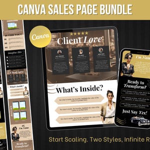 May include: A digital product bundle with the text "CANVA SALES PAGE BUNDLE" and "Canva" on a black background. The image shows a tablet and a smartphone displaying sales page templates. The text "Client Love" and "What's Inside?" are visible.