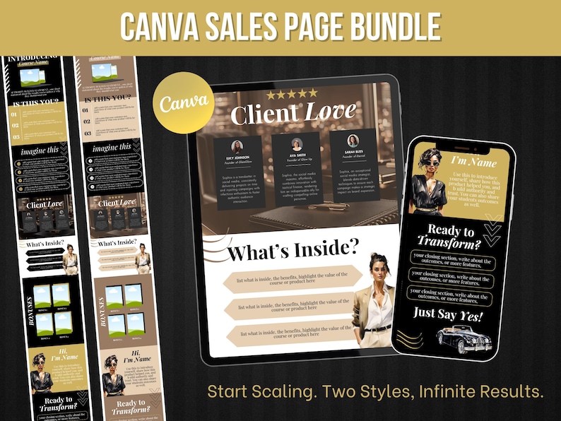 May include: A digital product bundle with the text "CANVA SALES PAGE BUNDLE" and "Canva" on a black background. The image shows a tablet and a smartphone displaying sales page templates. The text "Client Love" and "What's Inside?" are visible.