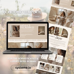 May include: A digital marketing template for Systeme.io displayed on a laptop screen and a vertical mobile layout. The design features a beige color palette, serif and script typography, and photographic elements with text including BOHO CHIC TEMPLATE.