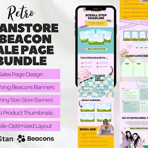 Peut inclure: Publicité pour un ensemble de marketing numérique avec le texte "Retro STANSTORE & BEACON SALE PAGE BUNDLE". La conception comprend une maquette de smartphone présentant une mise en page de page de vente, avec un code couleur rose et vert.